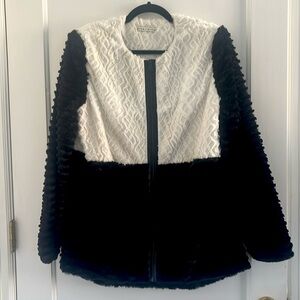 Alice + Olivia Black & White Color Block Faux Fur Jacket